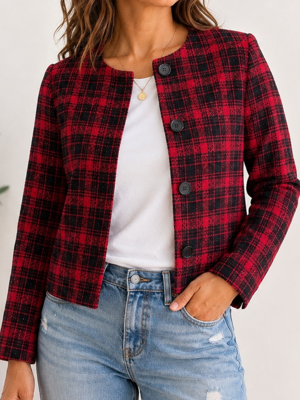 Preston & York Plaid Tweed Jacket  Red Black Wool Blend Size 10P Holiday